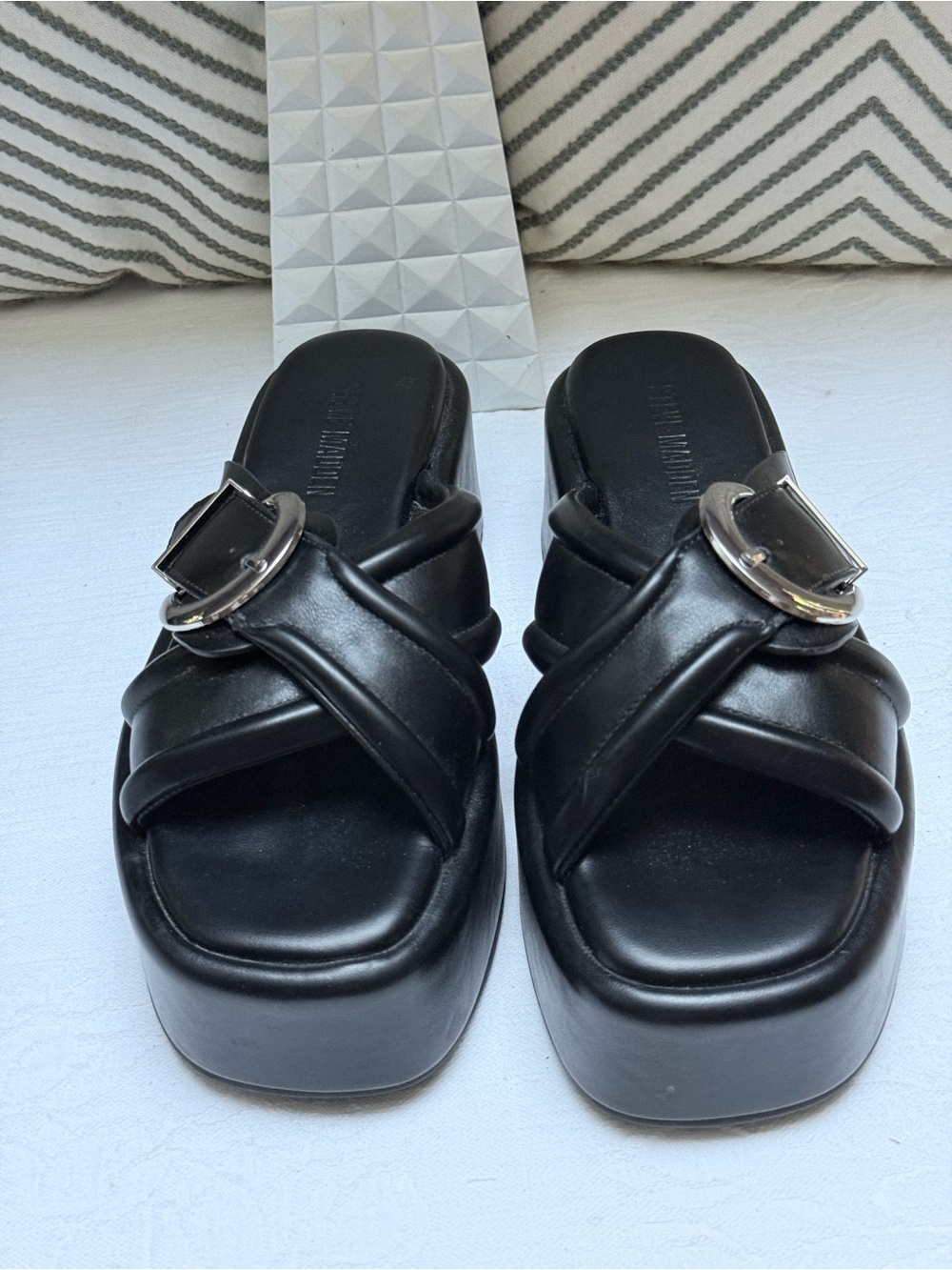 Steve Madden Black Crisscross Platform Slide Sandals with Silver Buckles